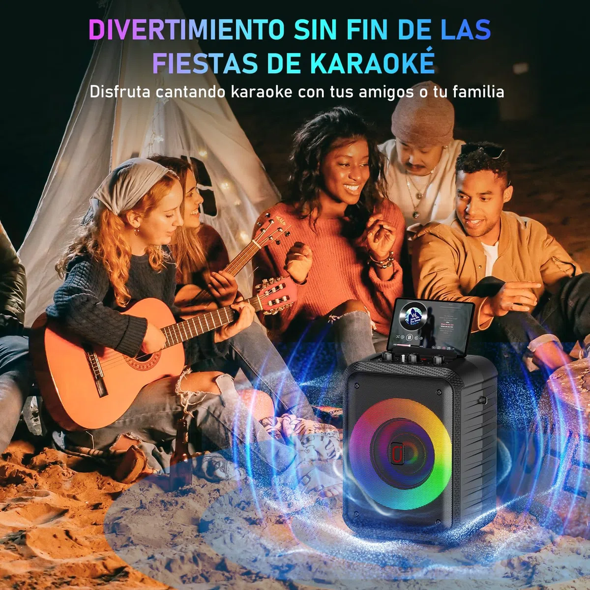 HWWR Máquina de karaoke, Dispositivo de karaoke con 2 micrófonos, Dispositivo de karaoke Bluetooth portátil con luces DJ, sistema Pa, ideal para reuniones familiares y como regalo para adultos y niños
