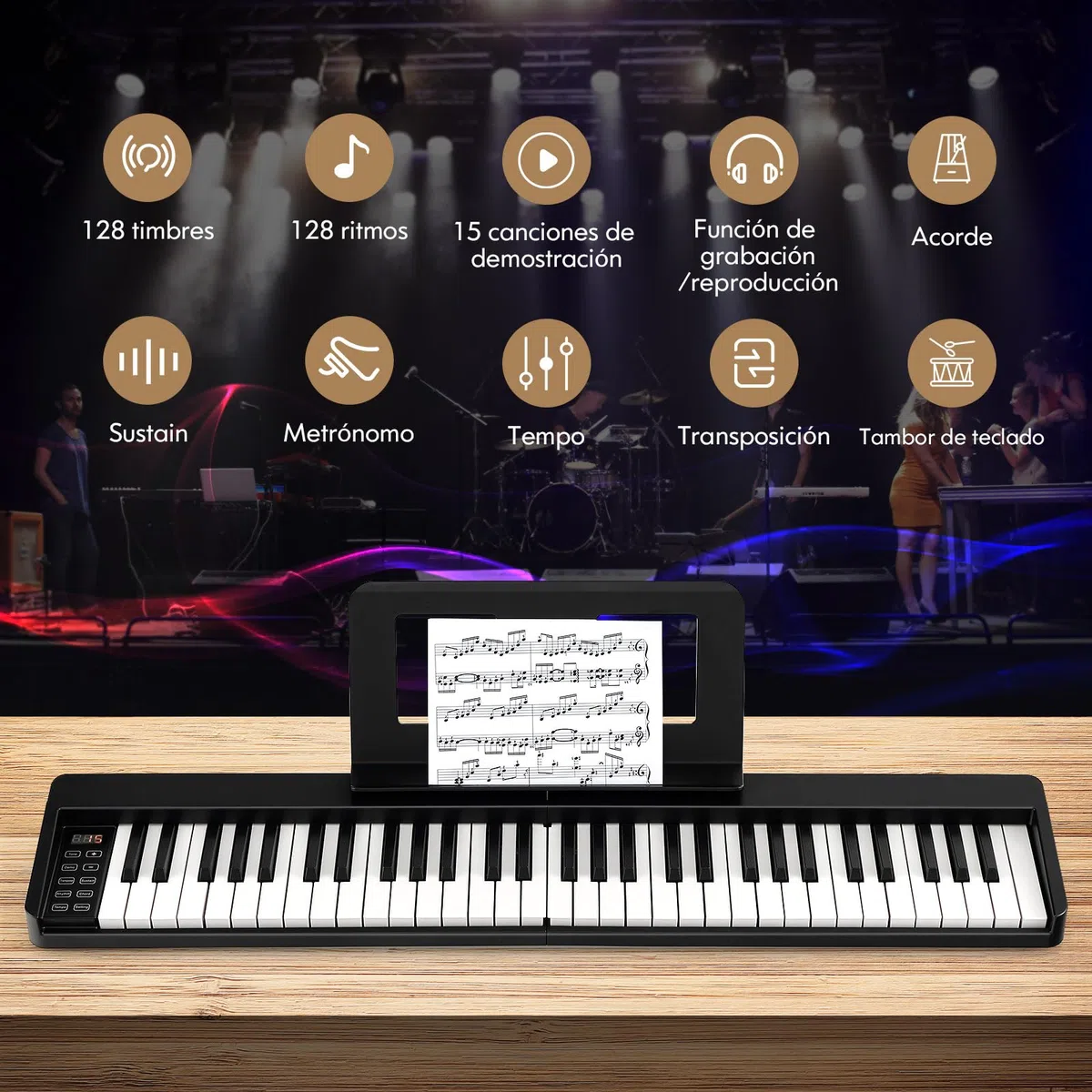 COSTWAY Teclado de Piano Plegable de 61 Teclas, Piano Eléctrico Portátil con Teclas de Tamaño Completo, Atril, Pedal de Sustain, MIDI, Bolsa para Piano, para Adolescentes y Adultos