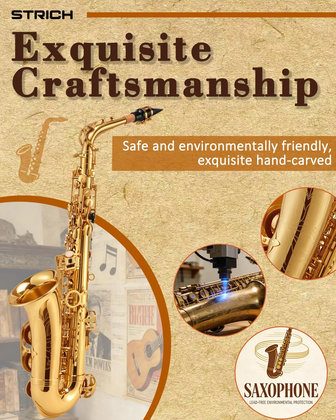 STRICH Kit de saxofón alto en Mi bemol para estudiantes principiantes, con correa para el cuello, boquilla y lengüetas, ideal para la banda del colegio y para practicar en casa, SSA-31G, dorado