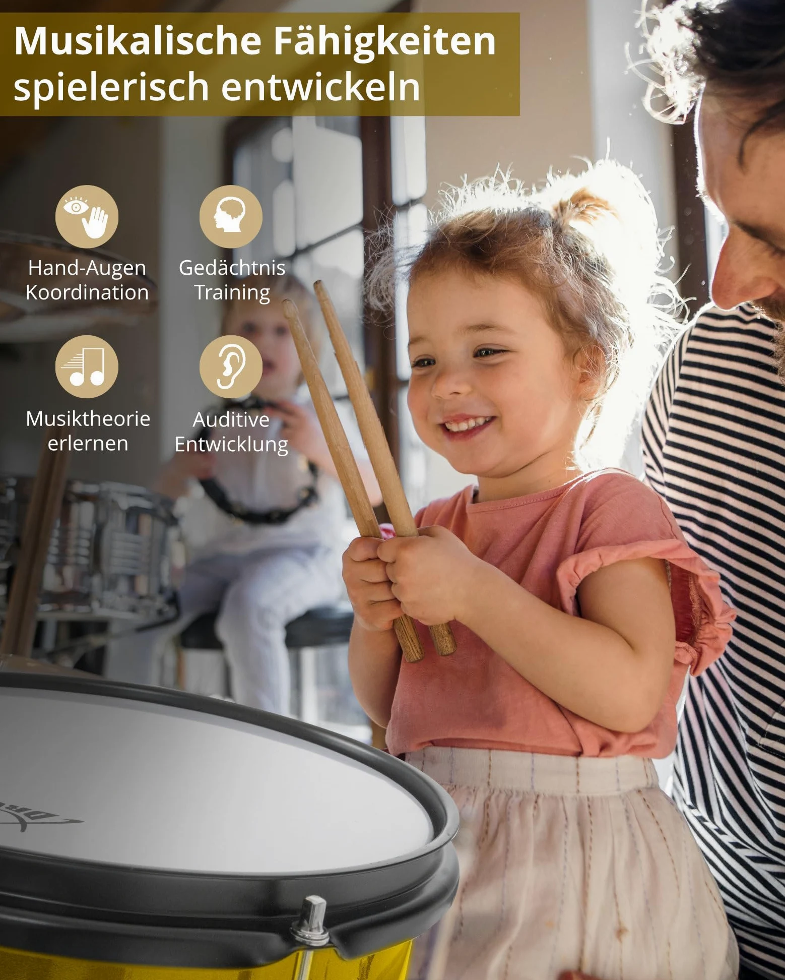 XDrum Junior Pro Batería Infantil Sunset Gold Sparkle - adecuada para 5-9 años - Set de batería con accesorios completos - incl. escuela - Naranja