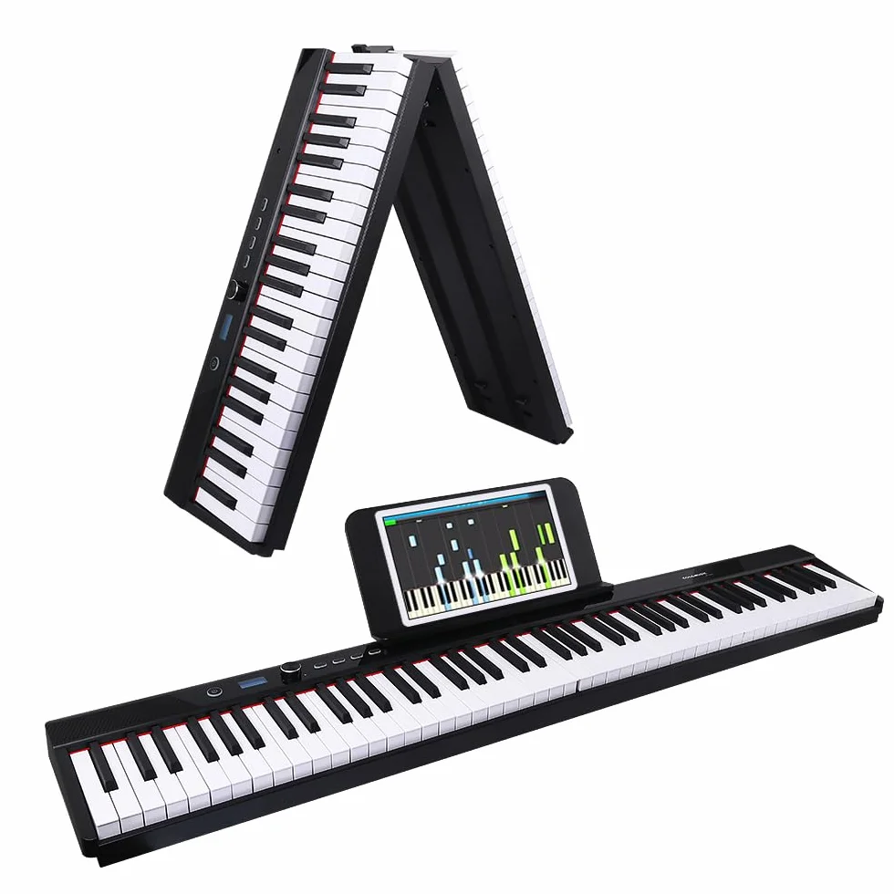 Coolmusic - Teclado de piano de 88 teclas, piano digital Bluetooth plegable con teclas iluminadas, teclado semipesado, recargable, portátil