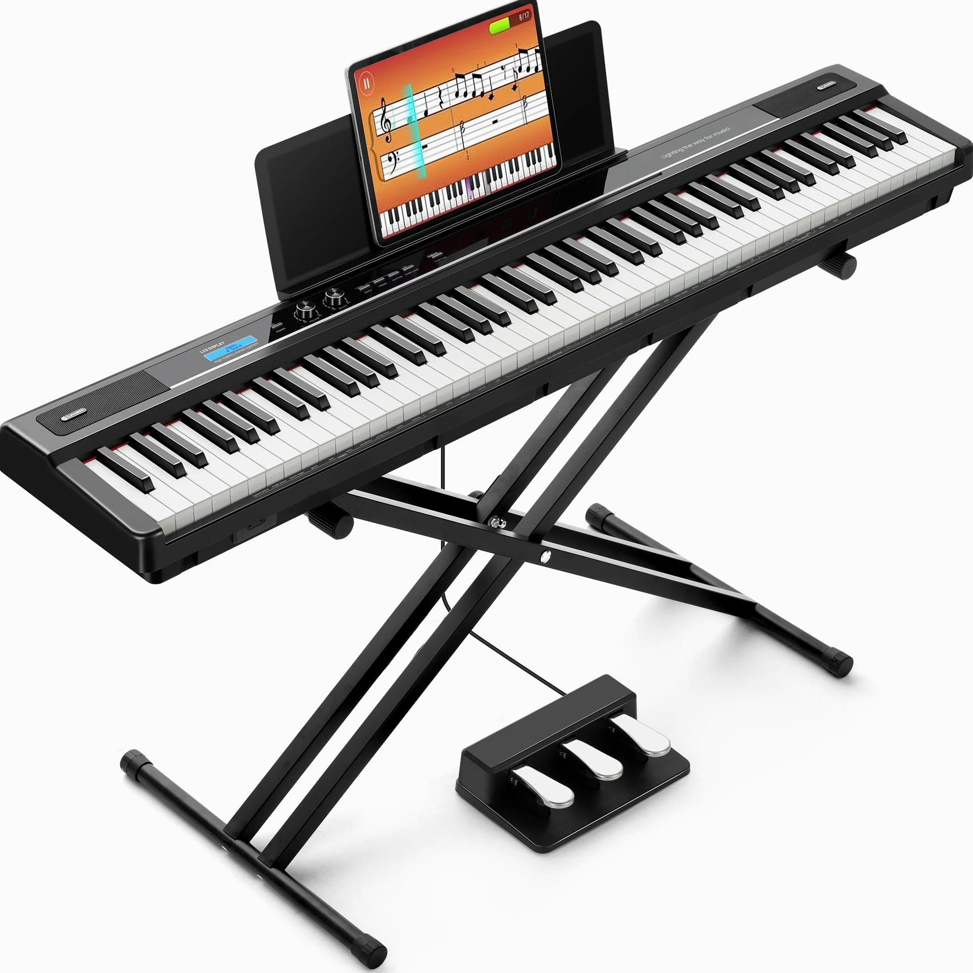 CAHAYA Piano Digital de 88 Teclas – Piano Eléctrico Semipesado con Conexión MIDI Atril Soporte en X Doble y 3 Pedales Ideal para Principiantes