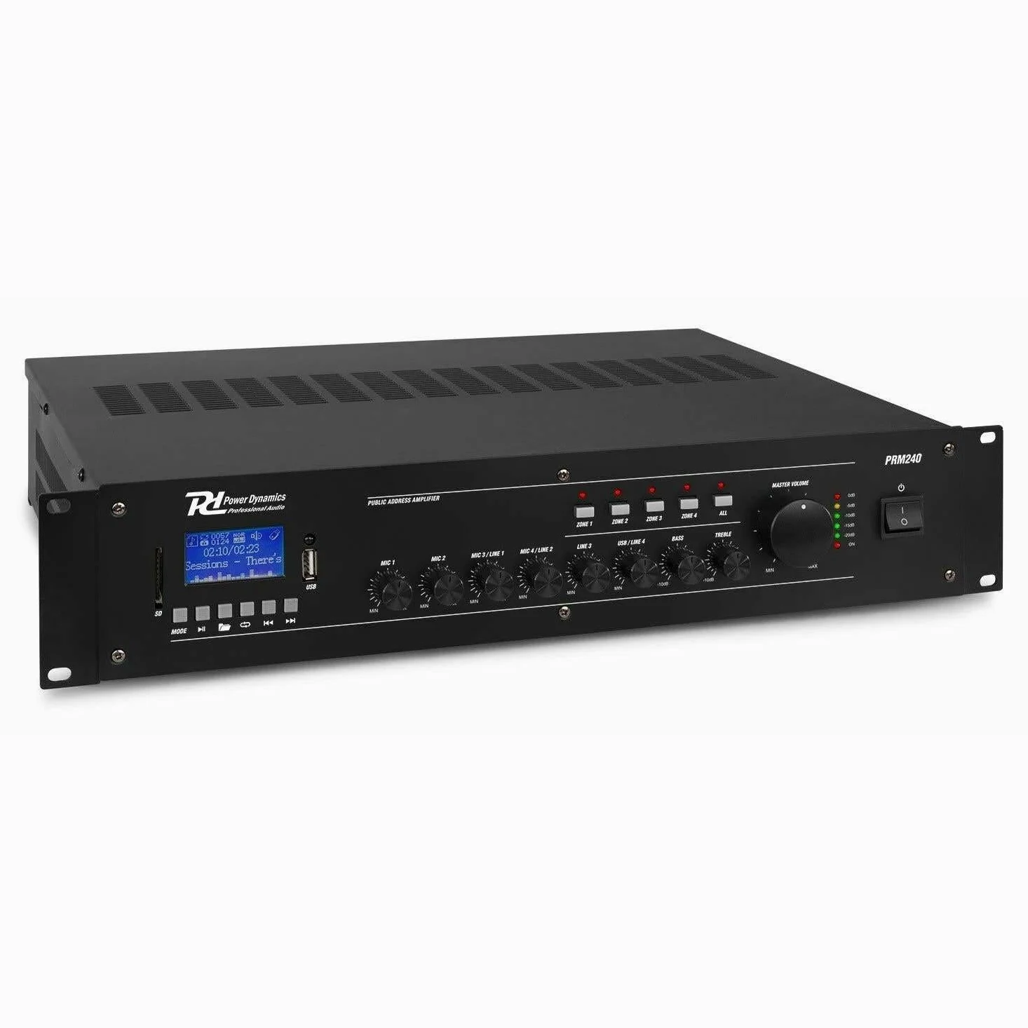 POWER DYNAMICS PRM240 Mezclador Amplificador 100V / 8 Ohmios 6 Canales 4-Zonas 240W, Bluetooth, MP3 USB, EQ, Formato Rack (100v / 240W)