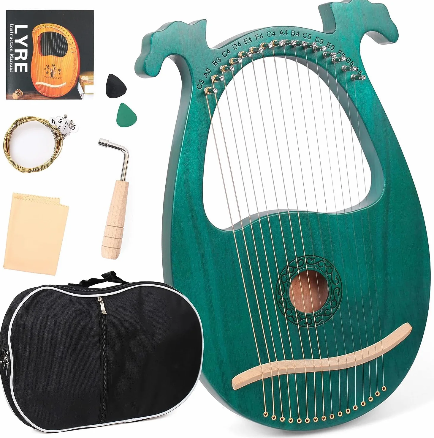 Arpa Lira de 16 Cuerdas Arpa de Madera Lyre Harp con llave de Afinación y Bolsa Negra instrumento lira, Verde, Cornamenta