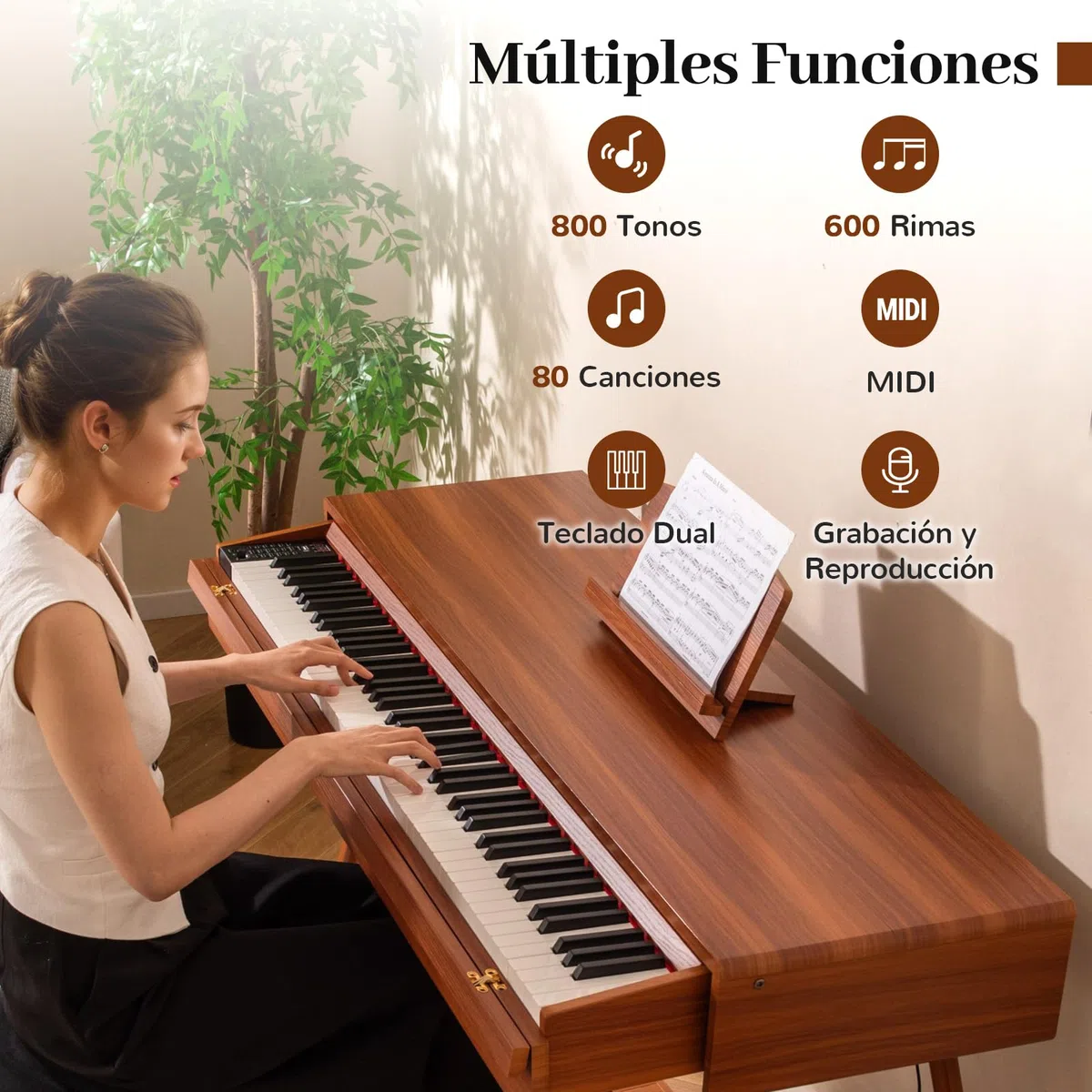 COSTWAY Piano Digital de 88 Teclas Contrapesadas con Acción de Martillo, Piano Eléctrico de Tamaño Completo con Cajón Extraíble, Función de Grabar y Reproducir, Triple Pedal y Doble Altavoces
