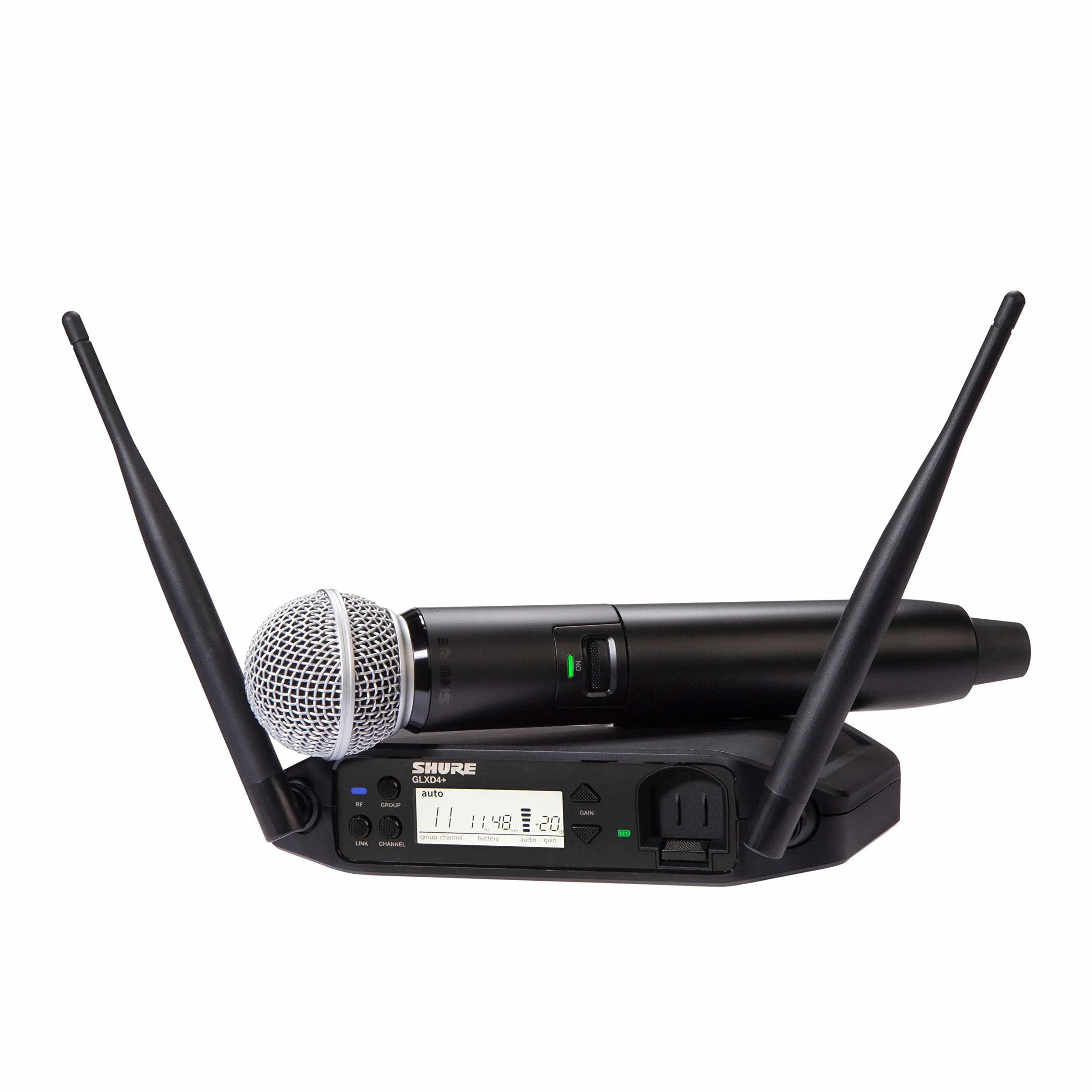 Micrófono inalámbrico Shure GLXD24+/SM58 para iglesias, karaoke y voces - Batería de 12 horas, alcance de 30m | Micrófono vocal SM58, receptor de canal único.