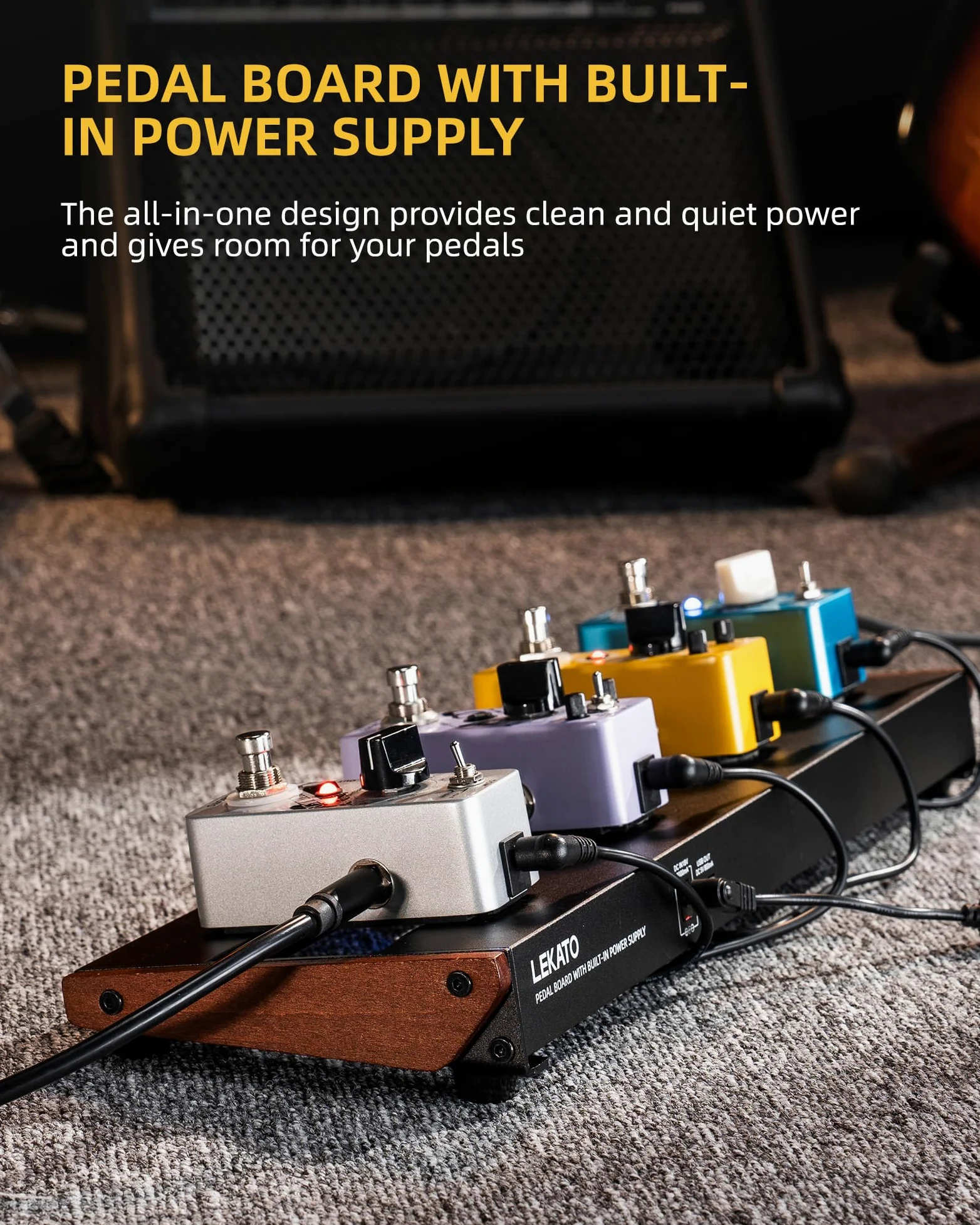 LEKATO Tabla de pedal de guitarra, tabla de pedal con fuente de alimentación integrada, 15.5 x 5.1 x 1.6 pulgadas, 1.3 libras, placa de pedal alimentada de aleación de aluminio con cables de pedal