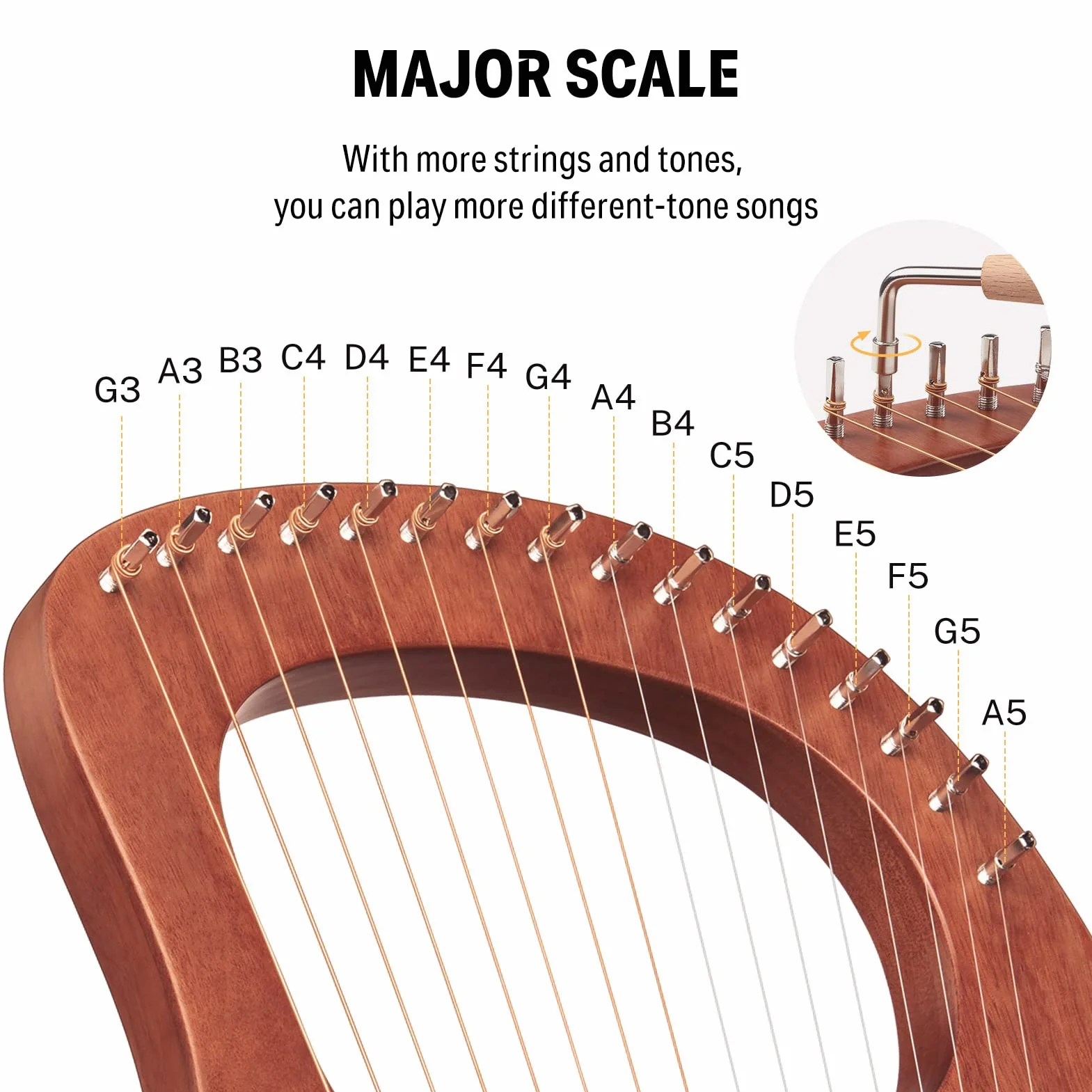 Donner Lyre Harp 16 Cuerdas Sillín de metal de caoba, estilo de la antigua Grecia con llave de afinación y bolsa negra, DLH-003