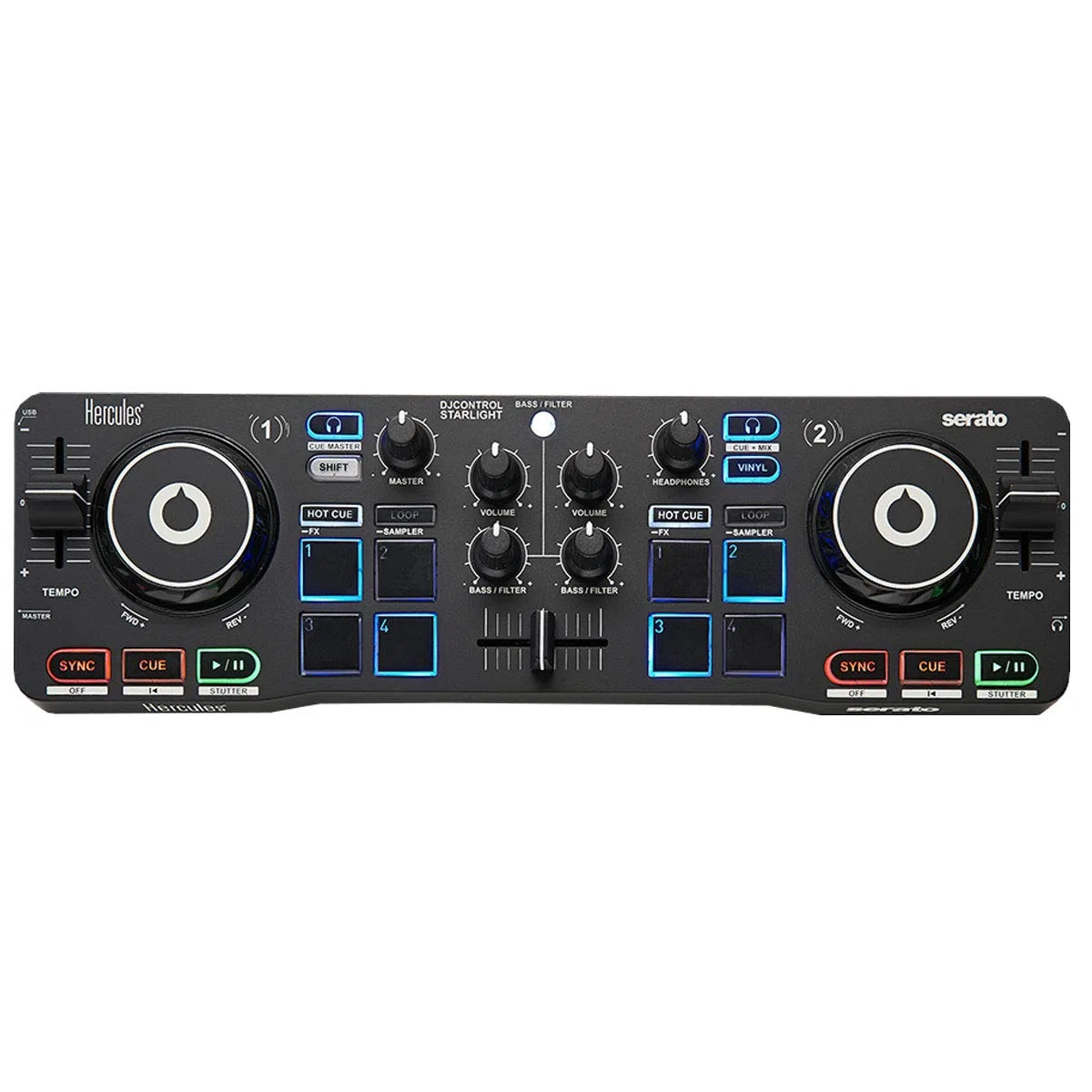 Hercules DJControl Starlight - Controladora DJ USB portatil de 2 pistas y 8 Pads, software Serato DJ Lite, para PC y MAC