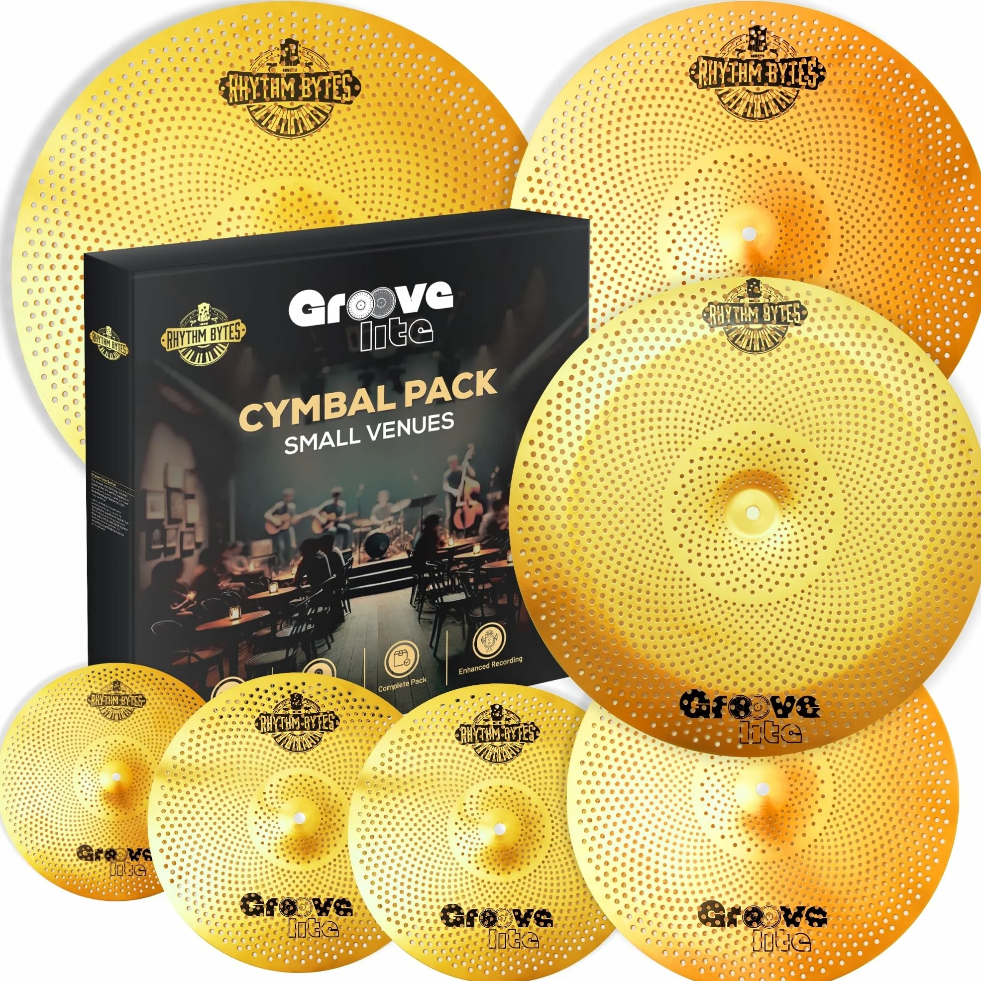 Rhythm Bytes Paquete de platillos con almohadillas de silencio de tambor, juego de 12 platillos y almohadillas silenciadoras de tambor, juego de platos silenciosos de 14, 16, 18, 20 pulgadas, paquete