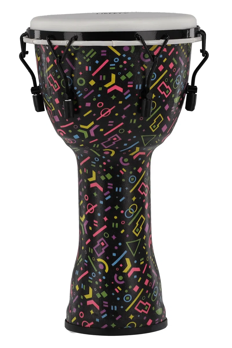 GEWA Liberty Djembé - afinación: Mecánico (con tensores) - Diámetro: 10" (25,4 cm) - Altura: 19,5" (49 cm) - Número de ganchos de afinación: 6 - Patrón: Crazy Neon