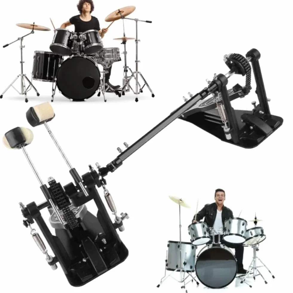 Wisecoco Doble Pedal Bombo, Pedal Doble Bombo Bateria, Pedal de Bombo con Doble Cadena, Patada de Pie de Tambor Profesional de Aluminio y Zinc, Pedal Tambor Doble para Batería y Batería Electrónica
