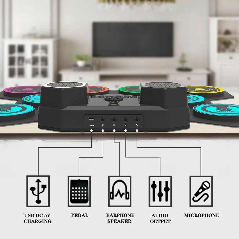 Batería Electrónica Portátil - CNAPXAIA Bateria Niños con Altavoces Estéreo Incorporados, Set de Batería Eléctrica de Silicona de 9 Pads para Niños Adultos Principiantes
