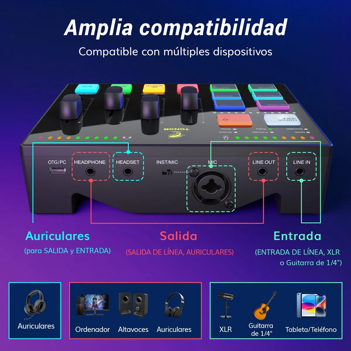 TONOR Gaming Audio Mixer PC, Mezclador RGB con Canal XLR y 6,35 mm para Streaming, Podcast, Grabación, Interfaz de Audio para TikTok, YouTube, Twitch, Control de Volumen Individual, Botón de Silencio