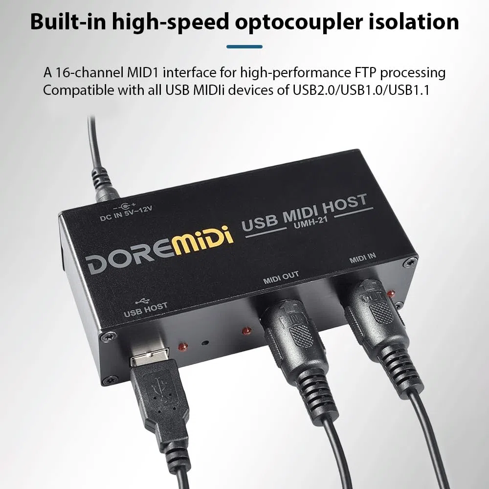 HUIOP Caja de Host USB Midi de Alta Velocidad Caja Midi de 16 Canales 1 Entrada 1 Salida Aplicable a Teclado Midi Tubo de soplado eléctrico Tambor eléctrico Convertidor USB a Midi Interfaz Midi