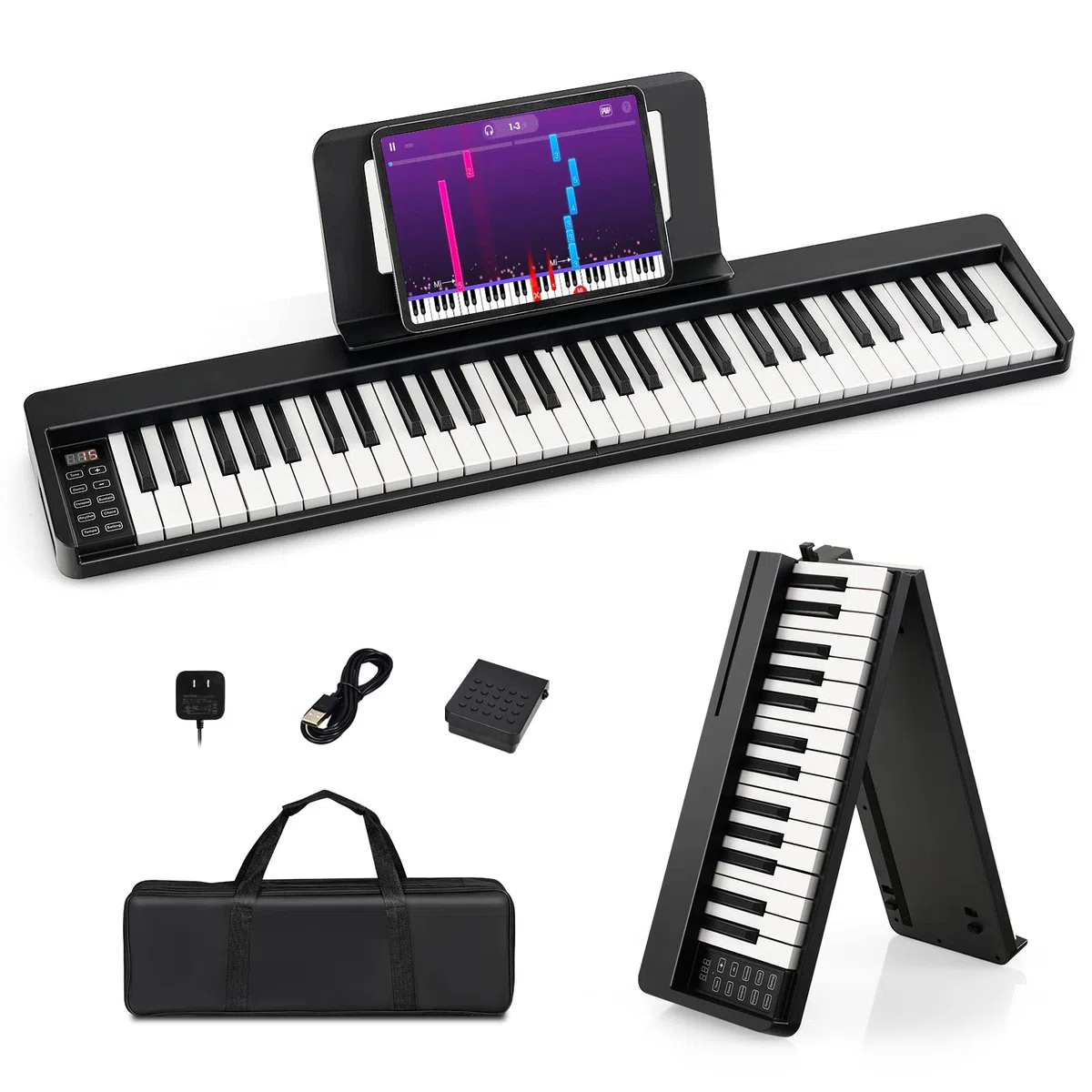 COSTWAY Teclado de Piano Plegable de 61 Teclas, Piano Eléctrico Portátil con Teclas de Tamaño Completo, Atril, Pedal de Sustain, MIDI, Bolsa para Piano, para Adolescentes y Adultos