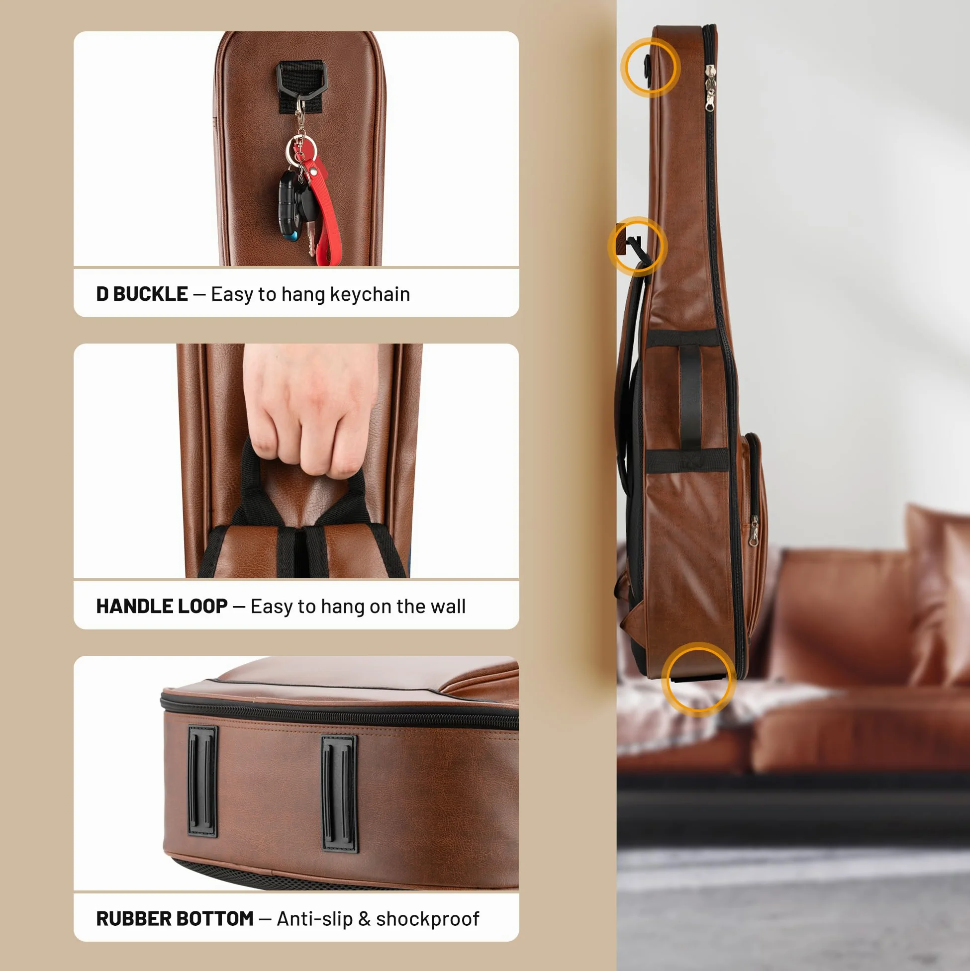 CAHAYA Bolsa para Guitarra Acústica - Adecuada para 40 41 42 Pulgadas Material de PU Impermeable y Transpirable Correa de Bolsa Marrón Acolchada de 15 Mm de Grosor Cremallera Doble