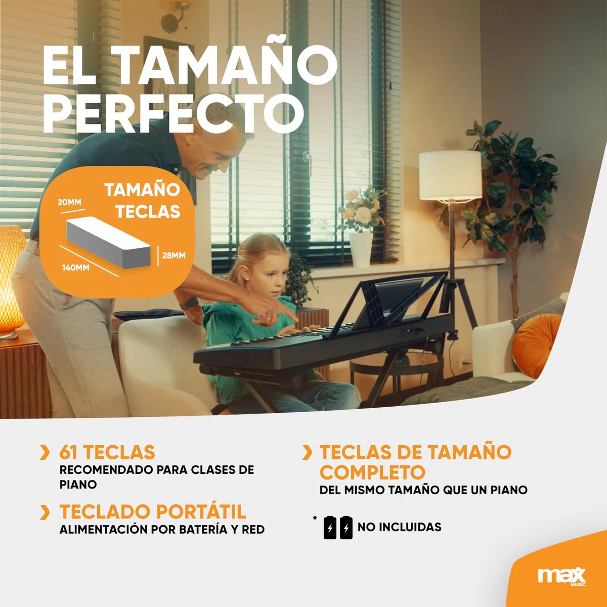 MAX Rhapsody61 - Piano eléctrico de 61 teclas para principiantes con función de aprendizaje, 300 sonidos, altavoces integrados, pantalla LCD, 50 canciones de demo, auriculares y soporte de teclado