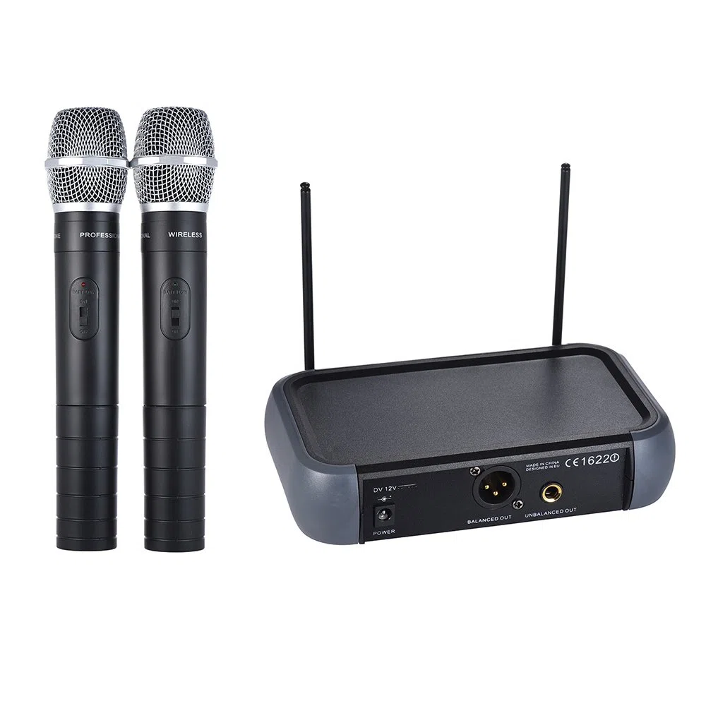 Micrófono de Mano Inalámbrico VHF de Doble Canal con Función Eco 2 Micrófonos y 1 Receptor 210-280MHz Distancia de Trabajo 40 Metros Cable de Audio de 6,35 Mm para Karaoke Fiesta Familiar
