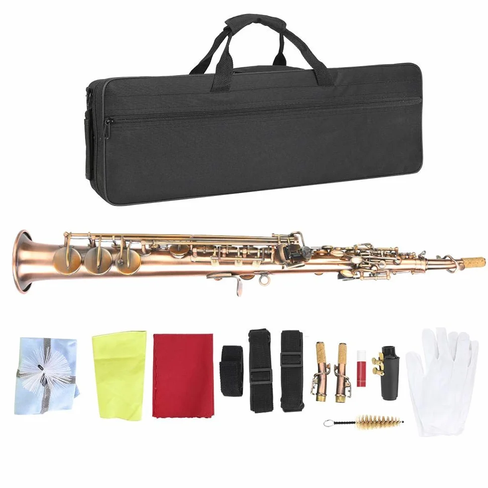 Saxofón de Cobre Rojo Profesional Set B Saxofón de Soprano Plano Saxo Recto con Bolsa de Transporte Instrumento de Viento
