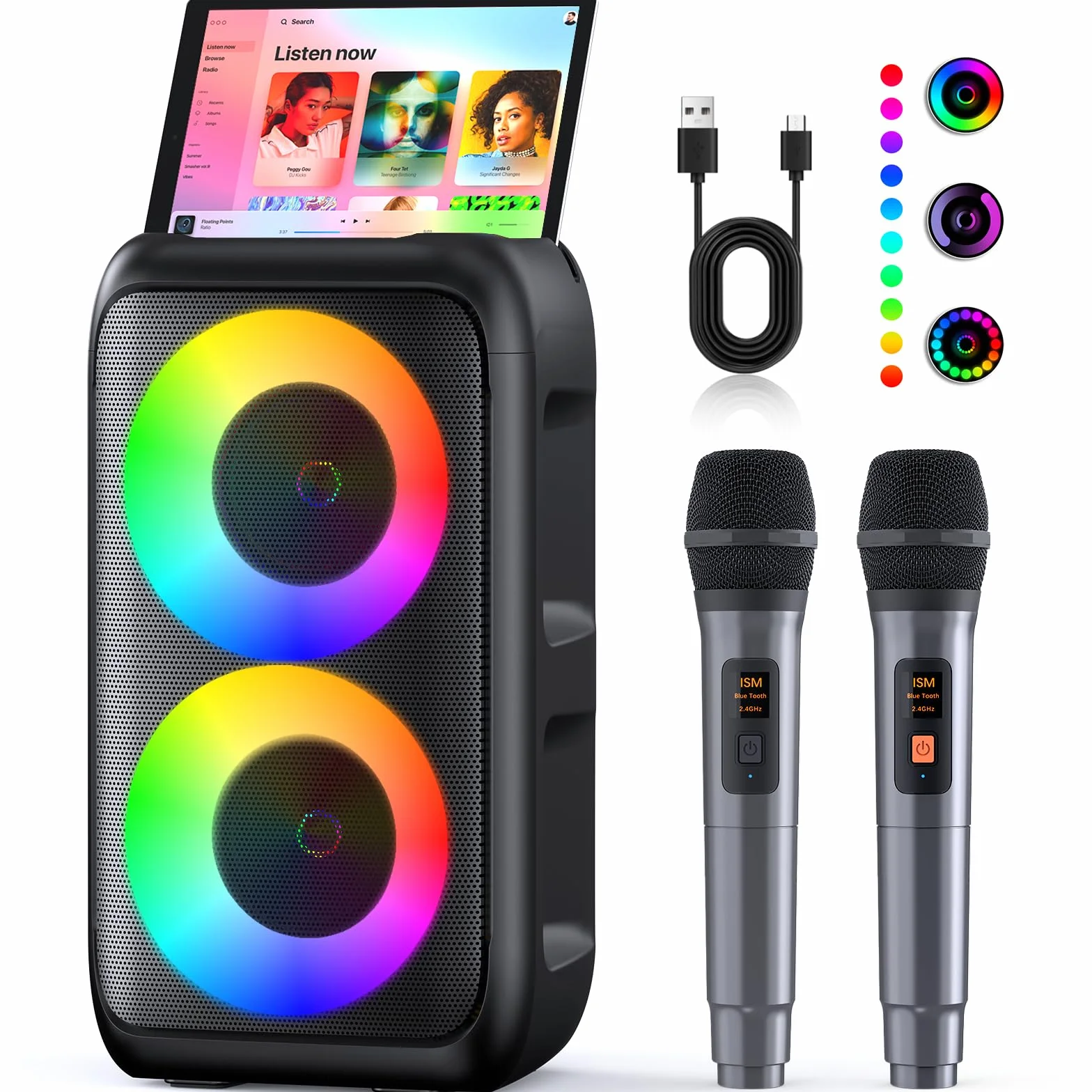 Karaoke 2 Microfonos Inalambricos (2026 Última Generación) | Altavoz con Microfono Bluetooth | Soporta TV/Smartphone/iPad/TWS/AUX/USB/FM | para Party, Cumpleaños, Viajar