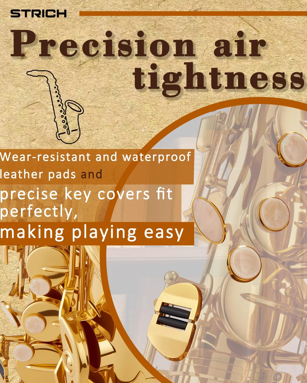 STRICH Kit de saxofón alto en Mi bemol para estudiantes principiantes, con correa para el cuello, boquilla y lengüetas, ideal para la banda del colegio y para practicar en casa, SSA-31G, dorado