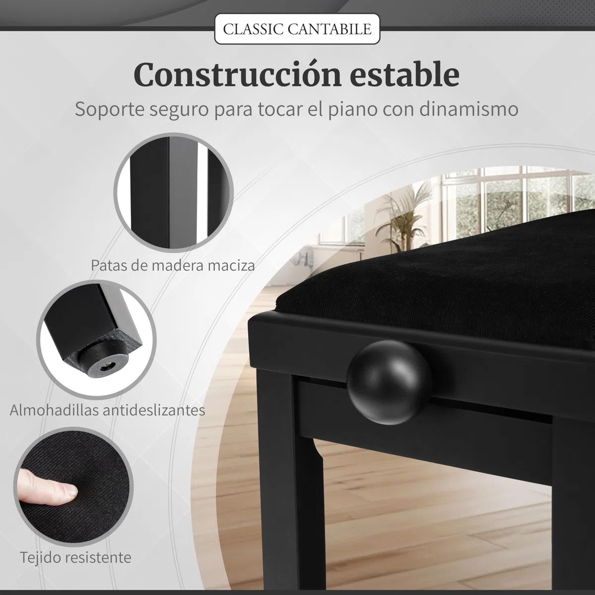 Classic Cantabile Banqueta para Piano Negro Mate - Altura Regulable de 47-56cm - Banco con Mecanismo de husillo - Asiento de Taburete 55 x 32cm - Silla con Funda de Terciopelo, Estable