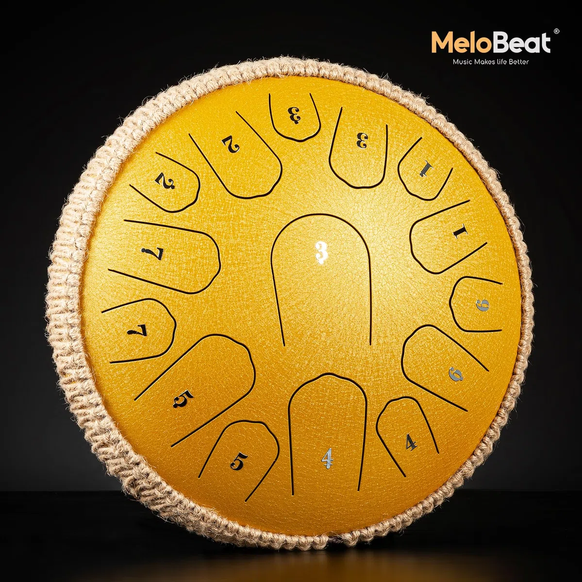 MeloBeat Tongue Drum Handpan - Tambor de Lengua de 13 Pulgadas 15 Notas - Set Profesional en Re Mayor Incluye Libro de Canciones de Tambor de Lengua, Clave D (Dorado)