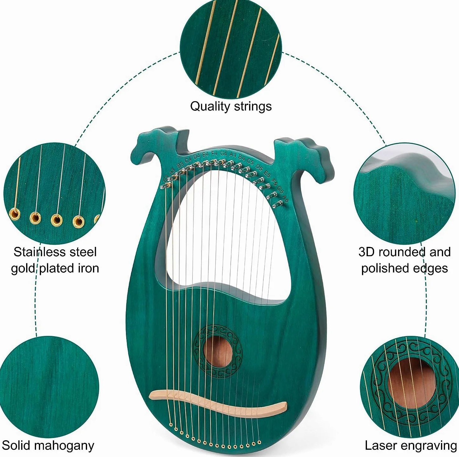 Arpa Lira de 16 Cuerdas Arpa de Madera Lyre Harp con llave de Afinación y Bolsa Negra instrumento lira, Verde, Cornamenta