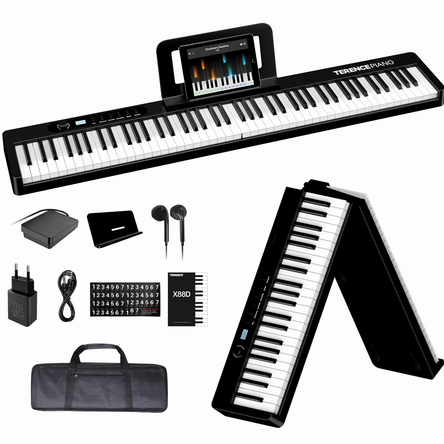 TERENCE Piano Plegable de 88 teclas con batería de 1750mAh semi-ponderadas pedal de sostenido Bluetooth interfaz MIDI soporte para partituras bolsa adhesiva cable de audio