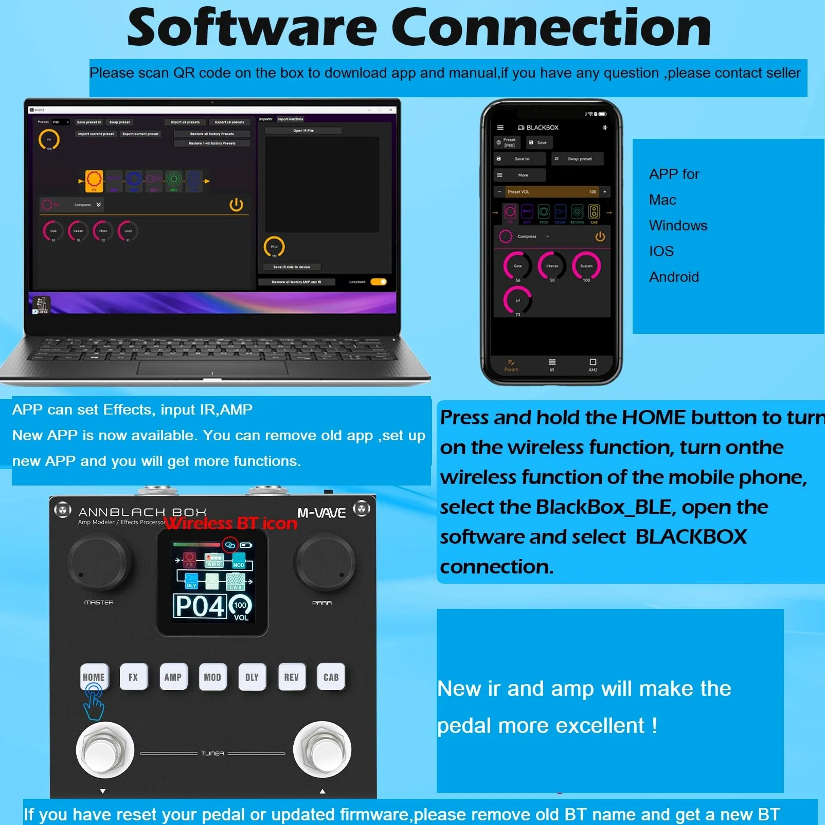 M-VAVE ANN Caja de Pedal Negra Multiefectos para Guitarra - 80 Presets Editables Con APP Crea Tus Parámetros Batería Integrada