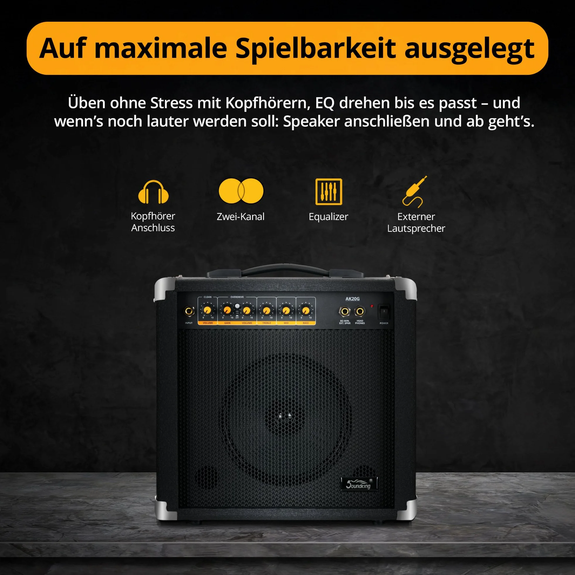Amplificador Guitarra Soundking AK20-G 60W, Ecualizador 3 Bandas, Altavoz 8", 2 Canales, Salida Auriculares y Altavoz, Ideal Principiantes, Esquinas Protectores Extra Resistentes.