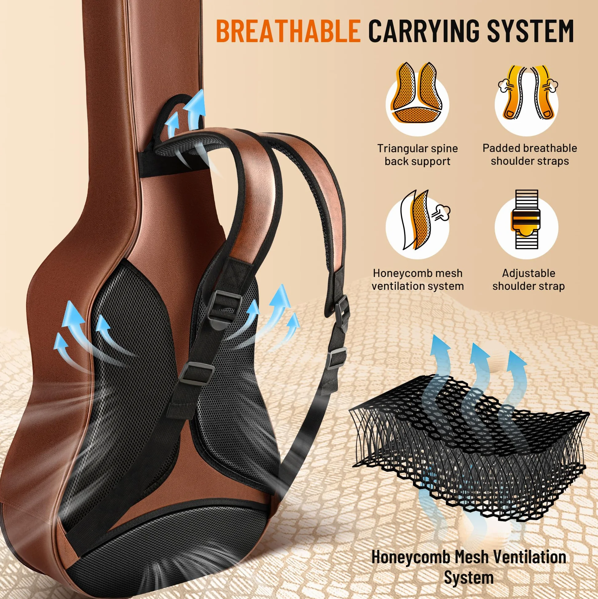 CAHAYA Bolsa para Guitarra Acústica - Adecuada para 40 41 42 Pulgadas Material de PU Impermeable y Transpirable Correa de Bolsa Marrón Acolchada de 15 Mm de Grosor Cremallera Doble
