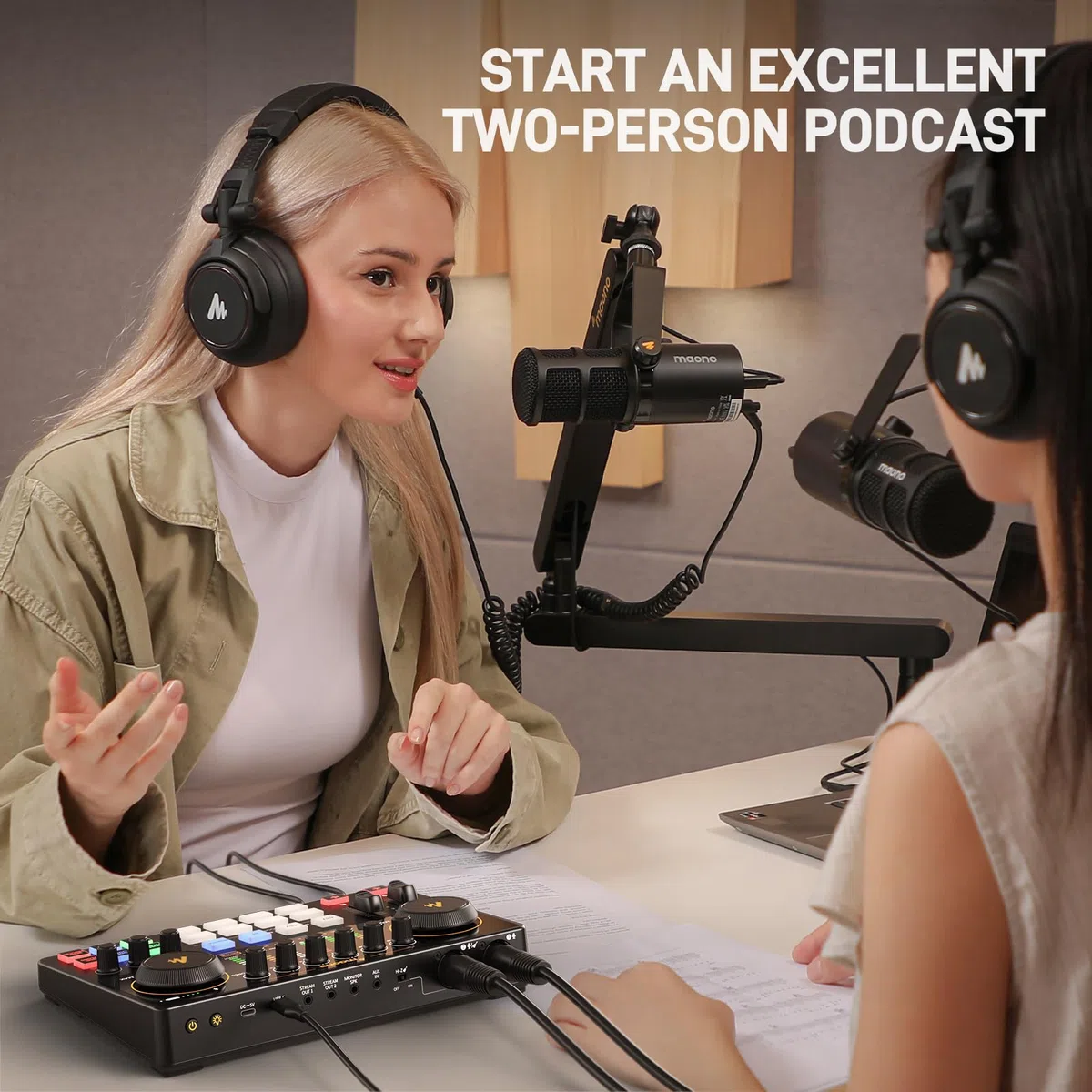 MAONO Paquete de equipo para podcast: Mezclador de interfaz de audio con entrada XLR dual para transmisión de podcasts - MaonoCaster E2 Gen2