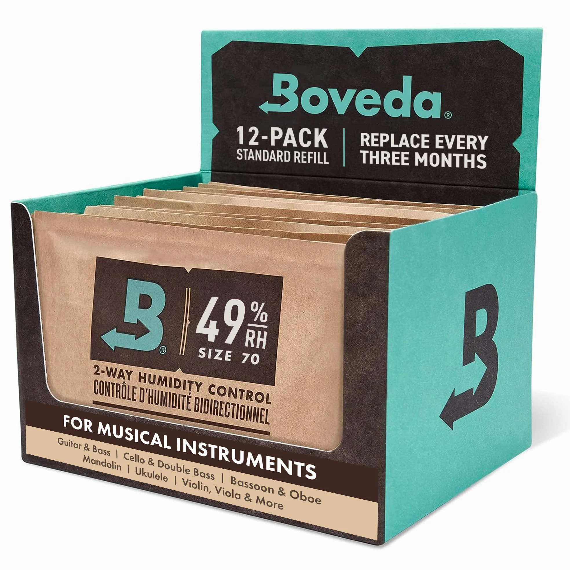 Boveda para instrumentos musicales - Bolsitas | Control doble de la humedad - 49 % HR - Recambio para funda de tejido | Tamaño 70 para instrumentos de cuerda pulsada y frotada | Evita el agrietamiento y combado | Pack de 12 en expositor de cartón