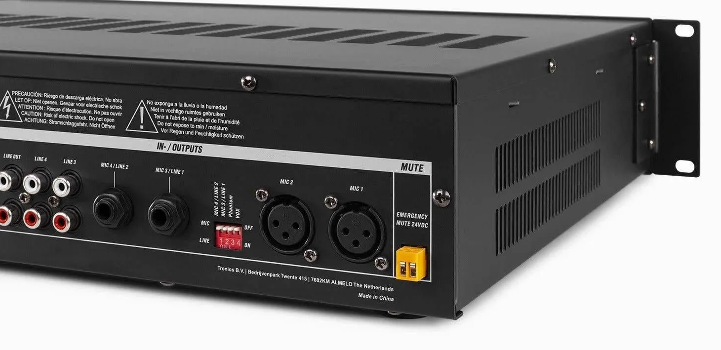 POWER DYNAMICS PRM240 Mezclador Amplificador 100V / 8 Ohmios 6 Canales 4-Zonas 240W, Bluetooth, MP3 USB, EQ, Formato Rack (100v / 240W)