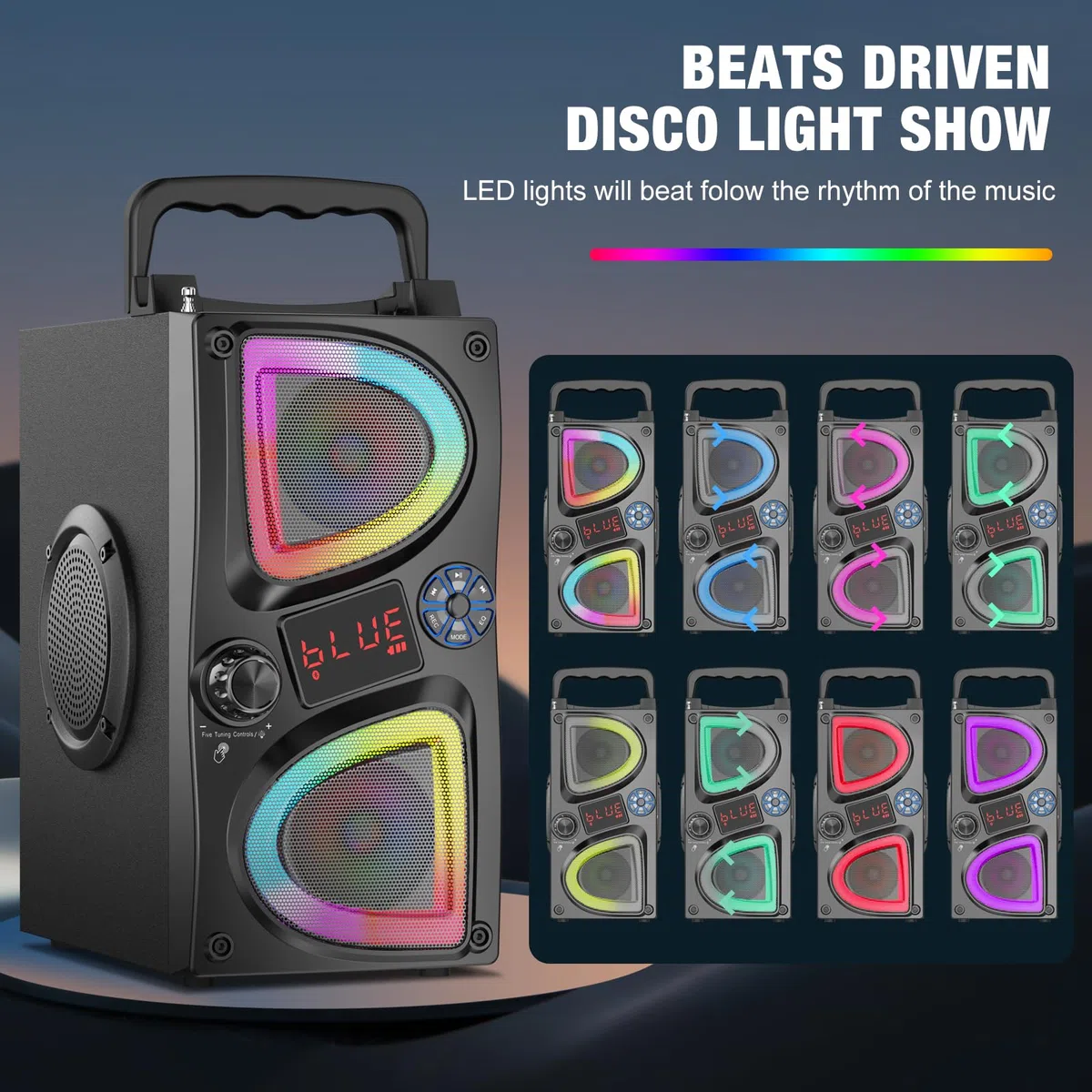 Altavoz Bluetooth Portátil con Subwoofer, 60W Pico, Potente Boombox Grande, Sonido Estéreo Inalámbrico, EQ, Control Remoto, Luces LED, Ideal para Fiestas, Exteriores, Regalos de Cumpleaños Vacaciones