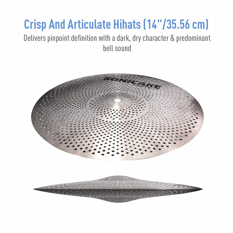 SONICAKE Juego de platillos de bajo volumen 14" HiHat+16" Crash+18" Crash+20" Ride Cymbal Set Plata 5 piezas con bolsa de cadera y accesorio
