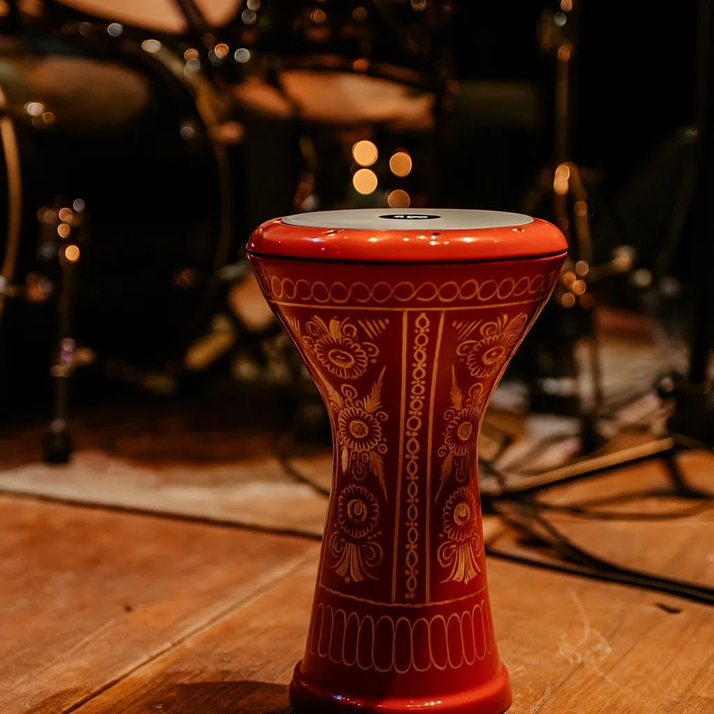 Darbuka Doumbek turco de aluminio fundido, rojo con patrón decorativo, cabeza de 8.5 pulgadas, lengüetas de afinación, cabeza extraíble, funda de transporte y llave de ajuste incluida