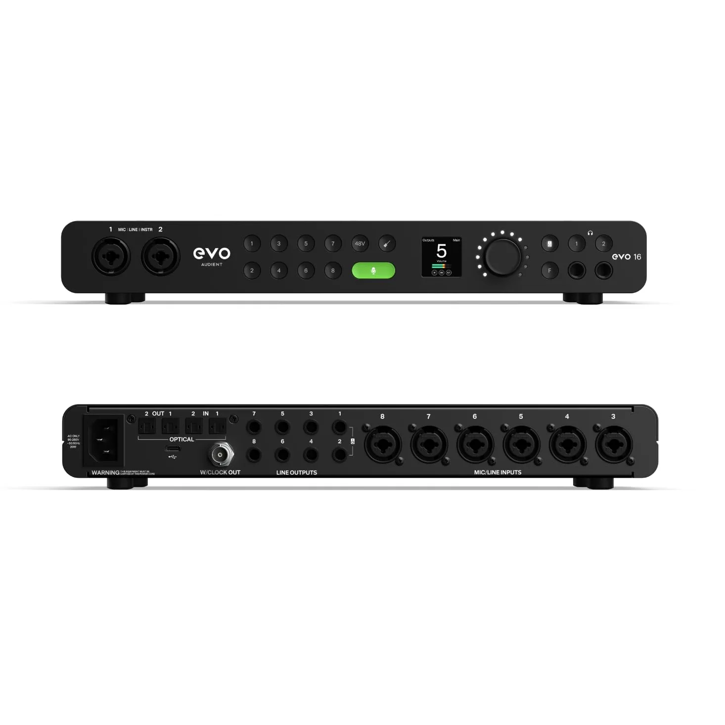 Audient EVO16 Interfaz de audio, tecnología de conversión de última generación (24 entradas/salidas, Smartgain multicanal, loopback de audio, 8 amplificadores de micrófono, conexión USB-C), Negro