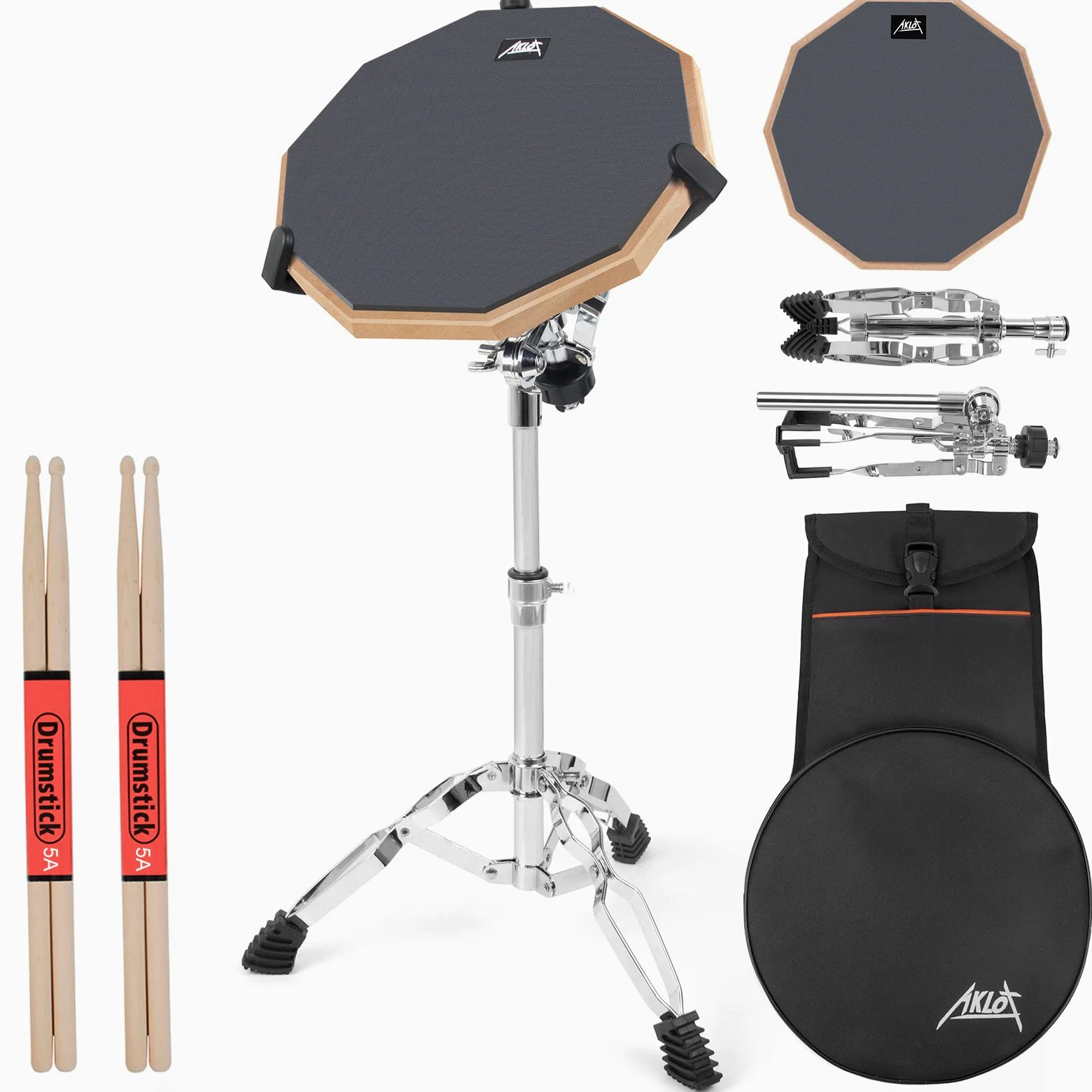 Pad practica bateria AKLOT pad allenamento batteria silicona 12"para adultos con soporte de caja doble cara baquetas bolsa
