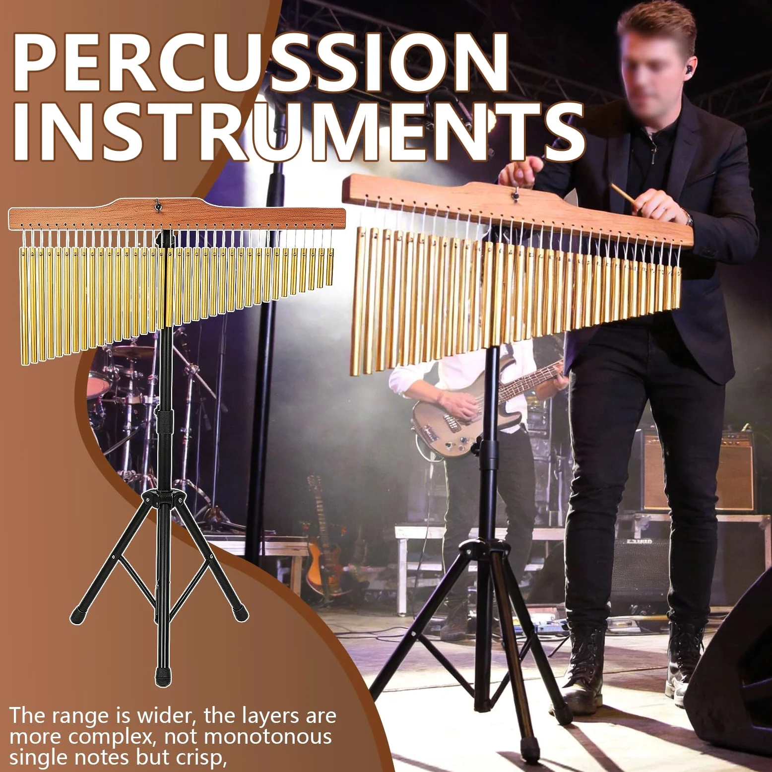 Bar Chimes 36 Tonos, Cortinilla de Percusión con Soporte Ajustable 72-115cm Campanas de Viento Profesionales de Aluminio con Marco de Madera y Baqueta para Banda Escuela Estudio Meditación