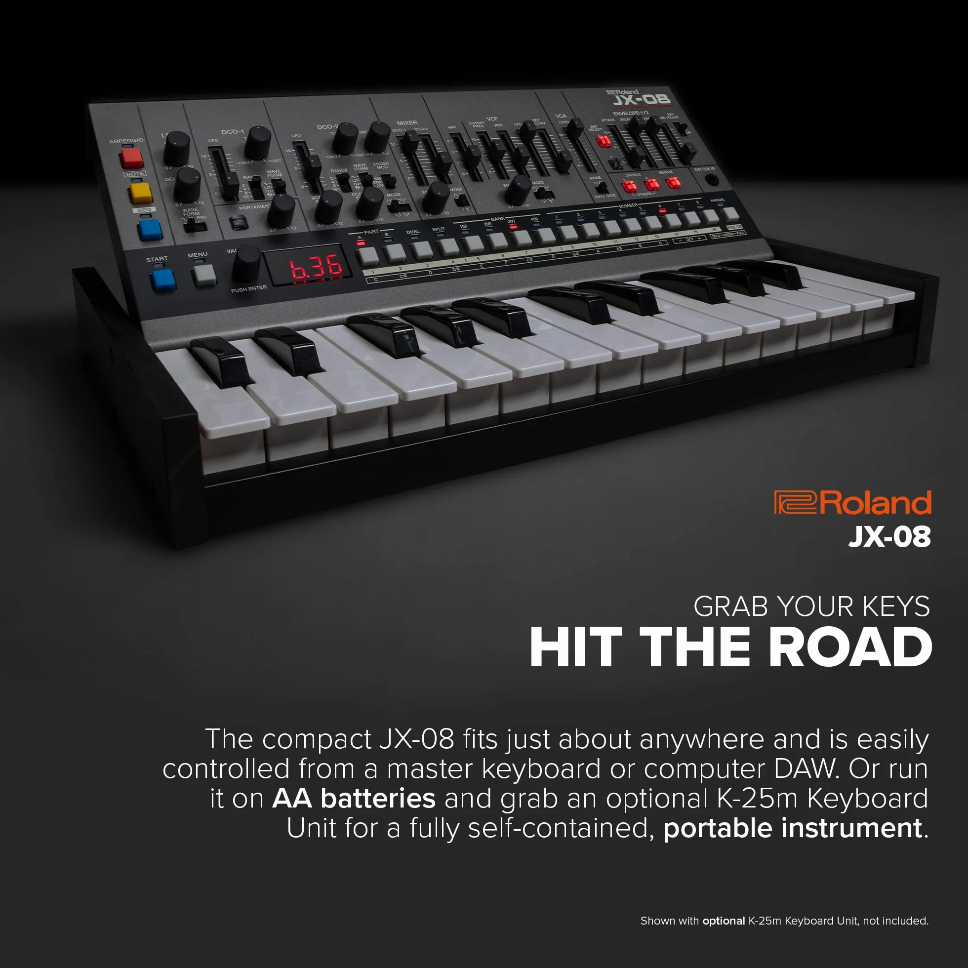 Sintetizador Boutique y módulo de sonido Roland JX-08 – Reedición moderna y compacta del mítico Roland JX-8P de 1985 con nuevos efectos, secuenciador polifónico y más – Ligero, portátil