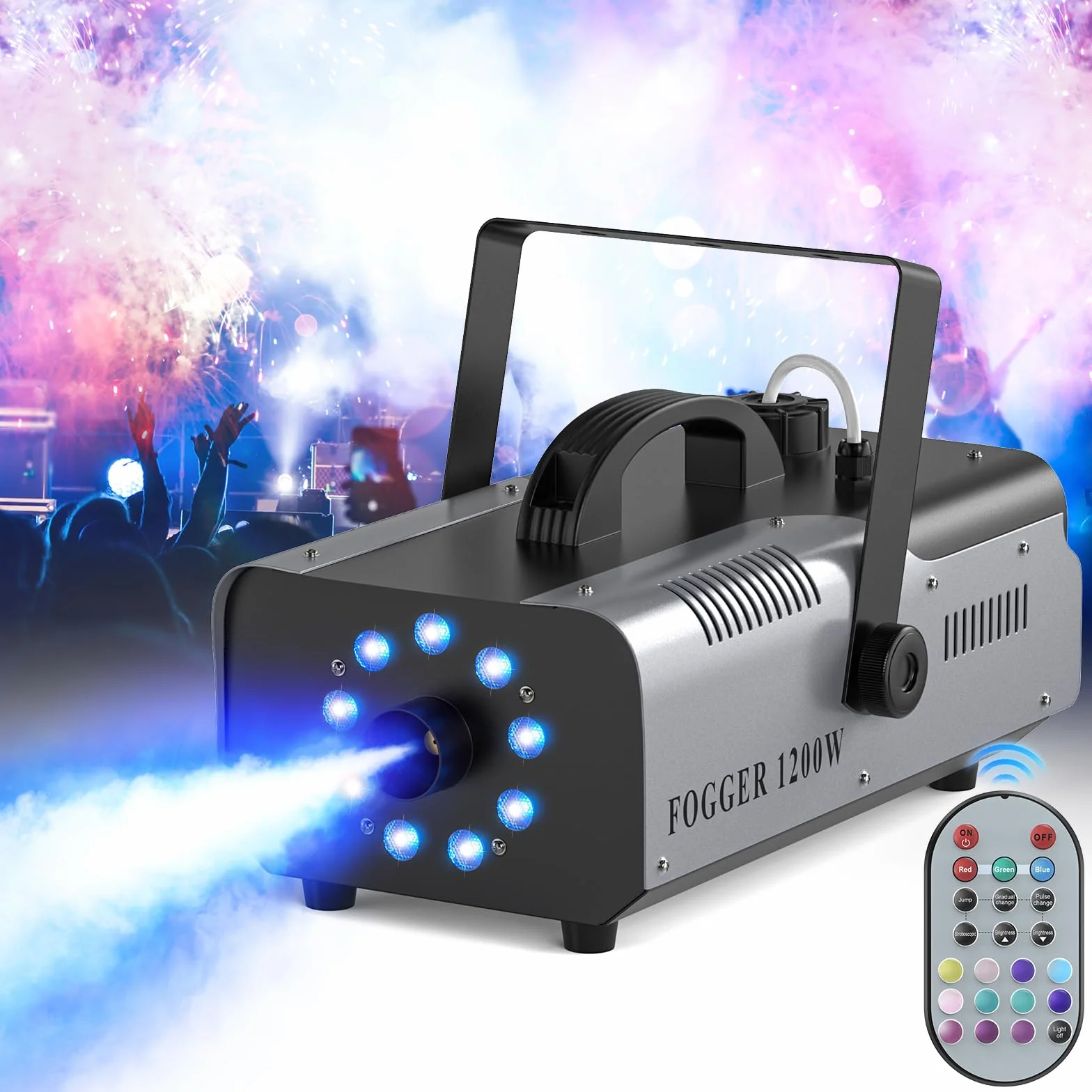 Máquina de Humo Discoteca, 1200W 9 RGB 3 en 1 LED Maquina Humo Portátil con Control Remoto Inalámbrico para Fiesta, Halloween, Navidad, Boda, DJ, Bar, Club, Escenario de Efectos
