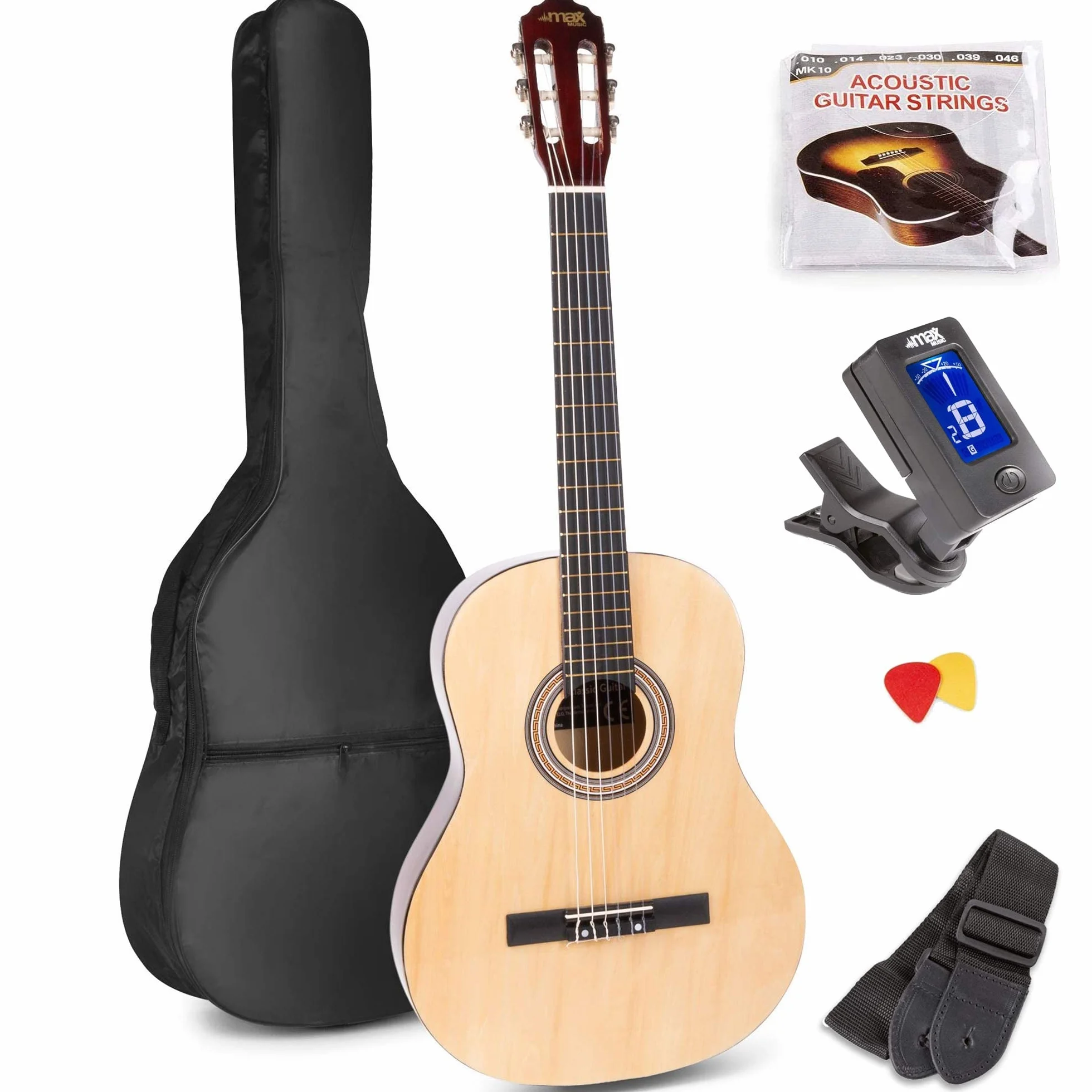 MAX SoloArt Guitarra Clásica Madera para Principiantes y Adultos - Set Completo con Reposapiés, Funda, Afinador Digital, Púas, Correa y Cuerdas - Ideal para Aprender con Comodidad y Estilo