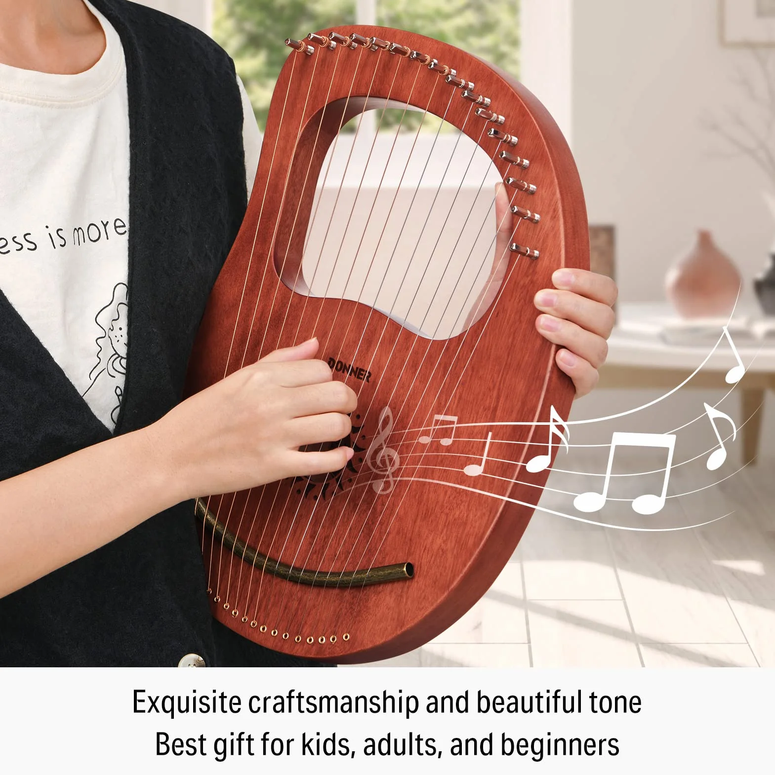 Donner Lyre Harp 16 Cuerdas Sillín de metal de caoba, estilo de la antigua Grecia con llave de afinación y bolsa negra, DLH-003