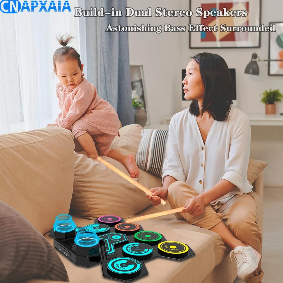 Batería Electrónica Portátil - CNAPXAIA Bateria Niños con Altavoces Estéreo Incorporados, Set de Batería Eléctrica de Silicona de 9 Pads para Niños Adultos Principiantes