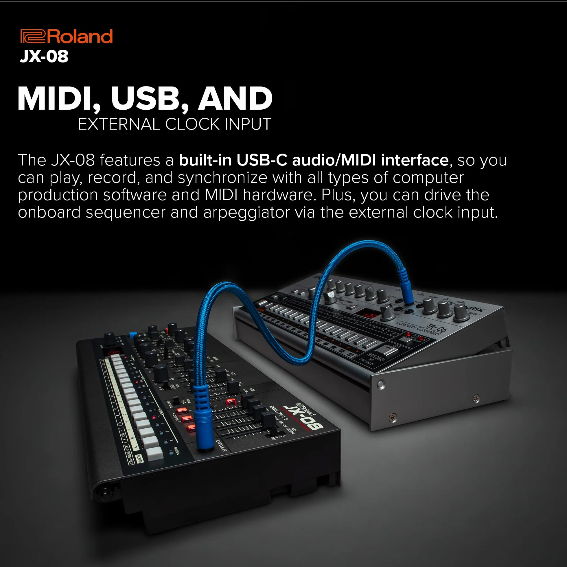 Sintetizador Boutique y módulo de sonido Roland JX-08 – Reedición moderna y compacta del mítico Roland JX-8P de 1985 con nuevos efectos, secuenciador polifónico y más – Ligero, portátil