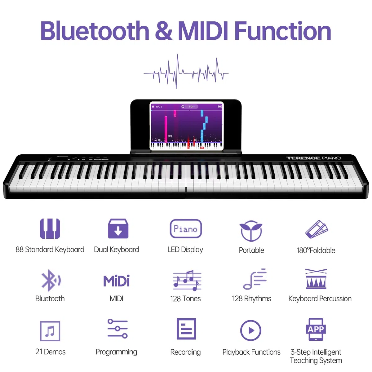 TERENCE Plegable Pianos digitales portátil con 88 teclas semi-ponderadas y batería de 1800mAh interfaz MIDI USB soporte para partituras bolsa adhesiva cable de audio auriculares pedal de sostenido