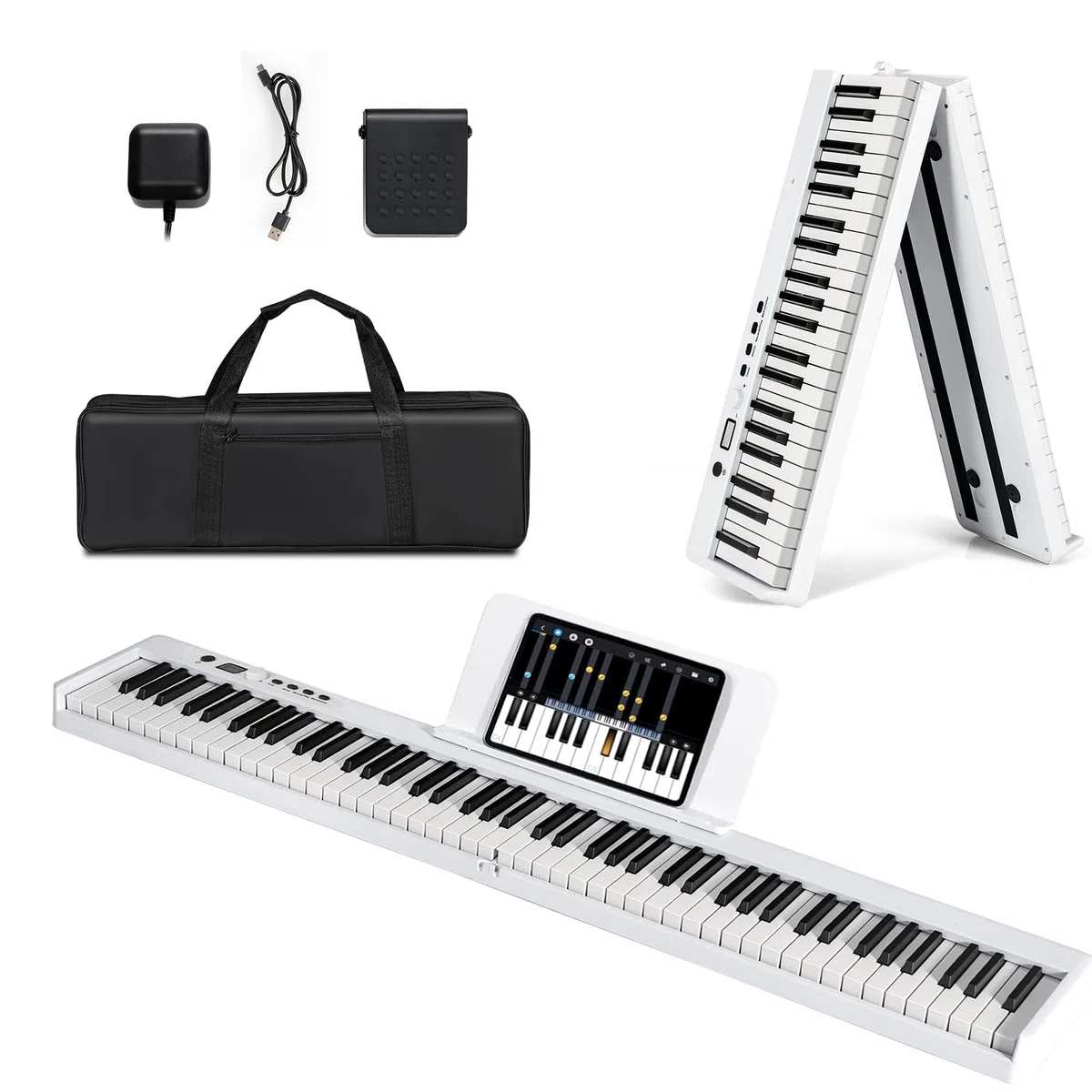 KOMFOTTEU Piano Digital 88 Teclas, Teclado de Piano Electrónico Plegable, Piano Digital Multifuncional para Principiantes con Pedal de Sostenimiento, 126 x 30 x 22,5 cm (Blanco)
